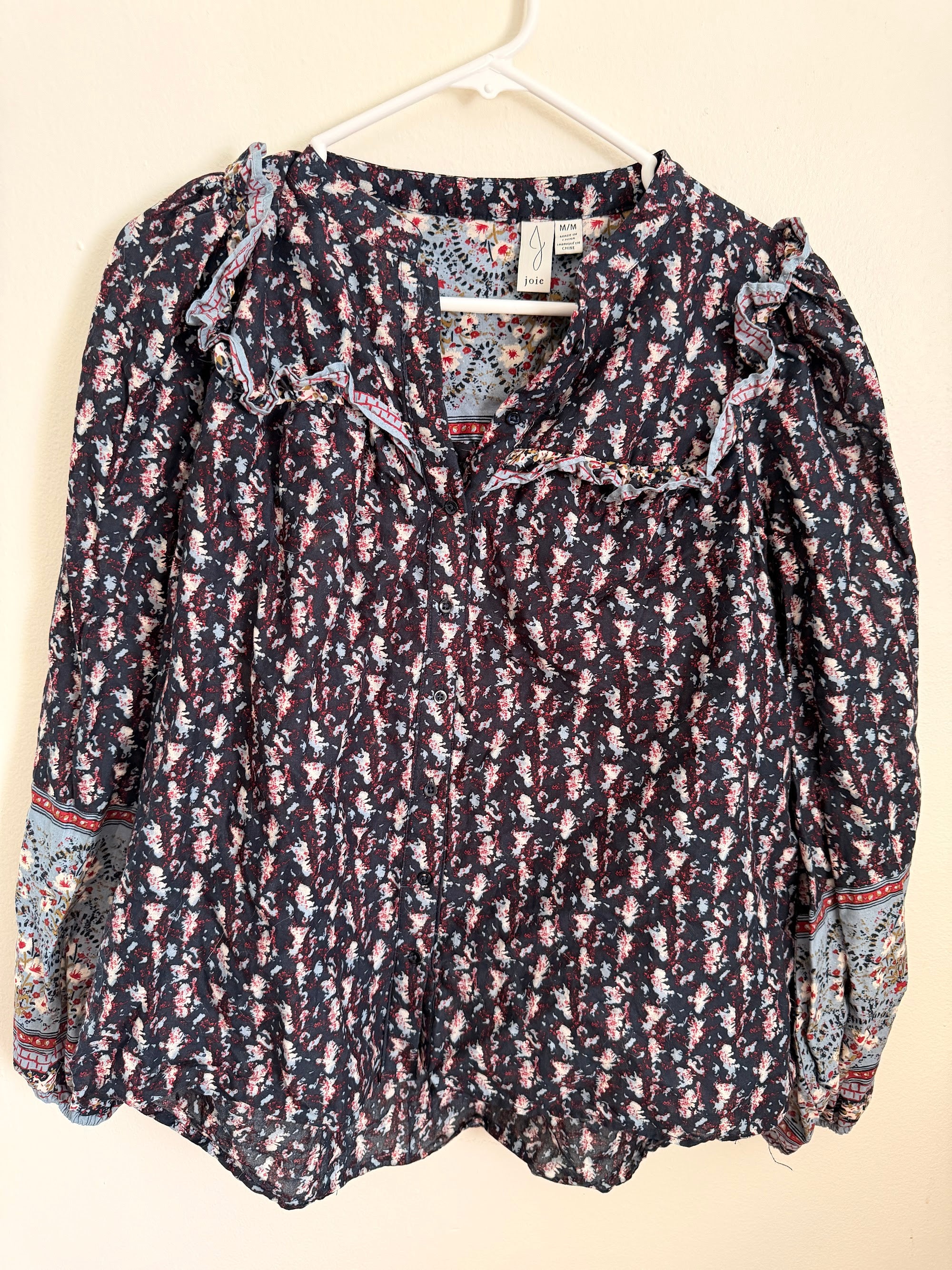 Joie navy floral blouse, front view