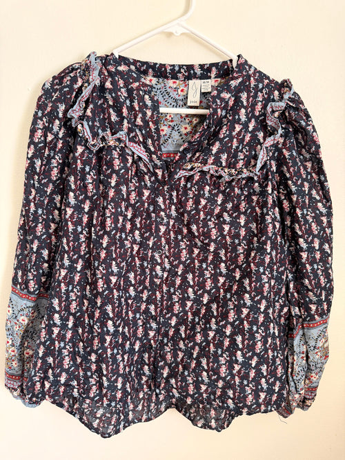 Joie navy floral blouse, front view