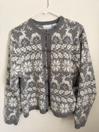 Grey silk-angora cardigan, front view