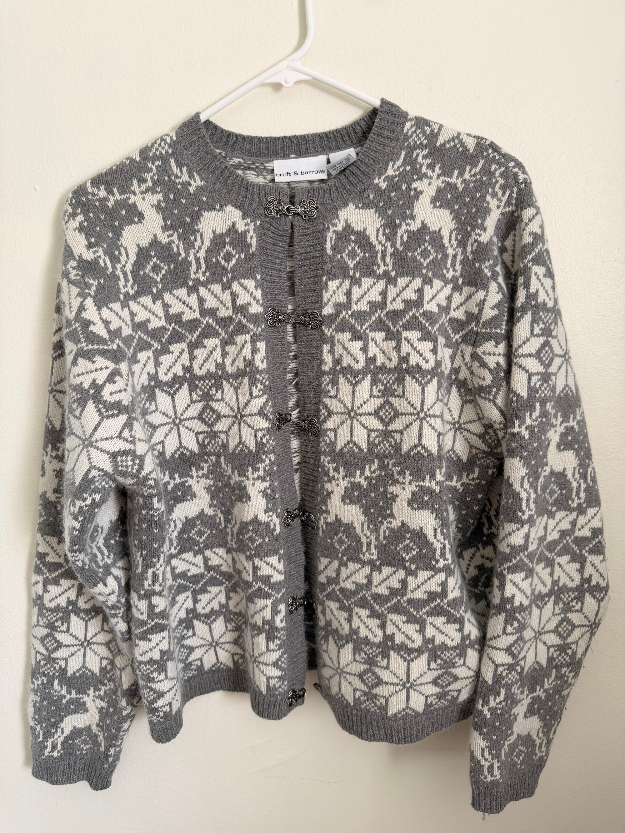Grey silk-angora cardigan, front view